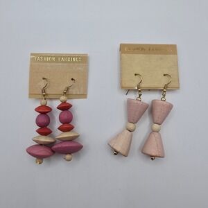 Vintage Wooden Geometric Dangle Earrings Set Women Pink Red Boho Natural